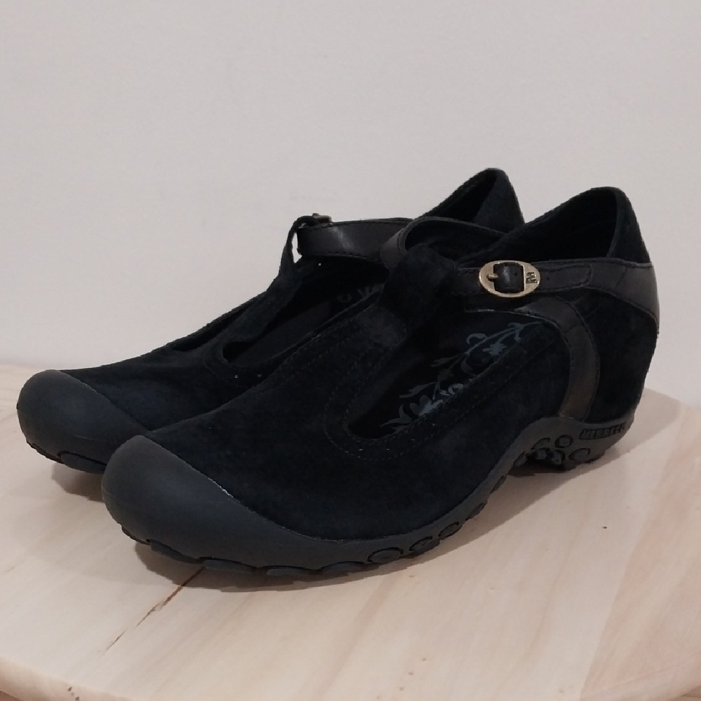 Merrell Maryjane Shoes Size 9.5 Plaza Black Suede Wedge Heel Outdoors Camping - Picture 3 of 14